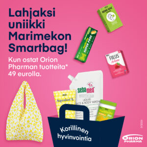 Kuvassa Orionin tuotteita ja yli 49 euron Orionin itsehoitotuotteiden kertaostoksesta saatava Marimekon Smartbag-ostoskassi